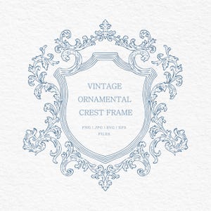 May include: A vintage ornamental crest frame in a light blue color. The frame has a shield shape with decorative floral and scroll elements. The text "VINTAGE ORNAMENTAL CREST FRAME" is displayed within the shield. The image also includes file type information.