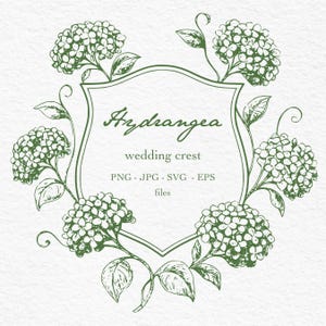 May include: Green floral wedding crest design featuring the word "Hydrangea" in elegant script. The crest is surrounded by detailed illustrations of hydrangea flowers and leaves. The text "wedding crest" and file type information are also included.