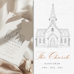 Hand Drawn Church, Drawing Wedding Invitation Chapel, church sketch digital download, Chapel hand-painted ink clipart, Going to the Chapels