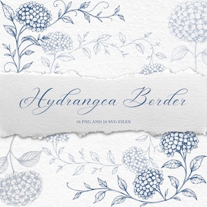 Puede incluir: Diseño digital con flores y vides de hortensias azules, con el texto "Hydrangea Border". Incluye 16 archivos PNG y 16 SVG. Ideal para proyectos creativos, con un tema floral.