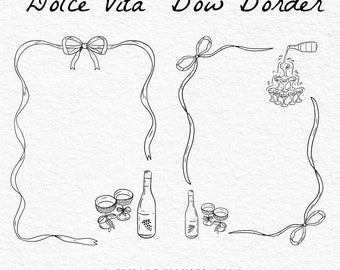 Może przedstawiać: Czarno-biała ilustracja liniowa przedstawiająca ozdobę z kokardą z tekstem "Dolce Vita Bow Border". Ilustracja zawiera dwie butelki wina, kieliszki i wieżę szampana.