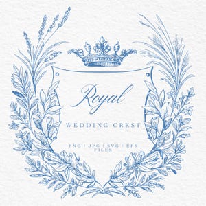 Royal Wedding Crest SVG – Crowned Laurel Frame | Vintage Hand-Drawn Monogram Crest | PNG JPG | Black Outline Logo Template | Crest Wedding