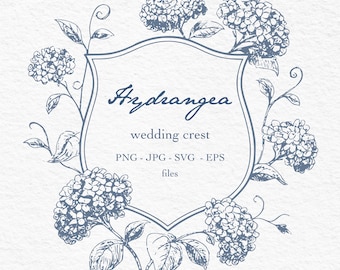Hydrangea Wedding Crest SVG – Editable Floral Monogram Frame Clipart | Hand Drawn Flower Crest for Invitations, Stationery & Logo Design