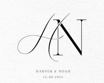 May include: A wedding monogram featuring the initials "H" and "N" intertwined, followed by the text "HARPER & NOAH" and the date "15-08-2025".