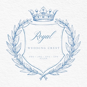 Royal Wedding Crest – Crowned Laurel Frame | Vintage Hand-Drawn Monogram Crest | PNG JPG | Black Outline Logo Template | Crest Wedding SVG