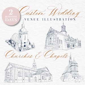 Croquis de lieu de mariage personnalisé, Faire-part sur mesure, Illustration de lieu de mariage personnalisé Église et chapelles, Croquis de mariage dessiné main, Faire-part de mariage