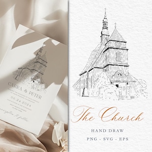 Going to the Chapels, Hand Drawn Church, Drawing Wedding Invitation Chapel, church sketch digital download, Church hand-painted ink clipart,
