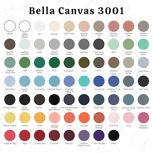 Carta de colores de Bella Canvas, carta de colores de Bella Canvas 3001, carta de tallas Bella Canvas 3001, maqueta de Bella Canvas 3001, carta de colores de 3001