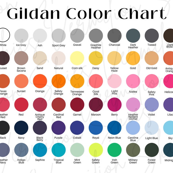 Carta de colores Gildan, carta de colores Gildan 5000, carta de colores Gildan 2000, G18000, colores Gildan, carta de tallas Gildan 64000