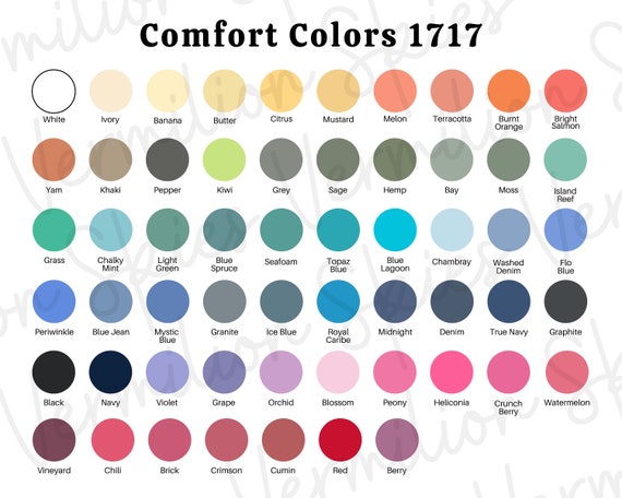 Comfort Colors 1717 Color Chart, Comfort Colors Color Chart, c1717 Color Chart, Comfort Color Size Chart, Comfort colors chart