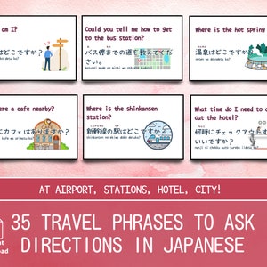 35 frases de viagem para pedir direções em japonês em aeroportos, estações, hotéis e na rua Flashcards bilíngues para fácil impressão em casa