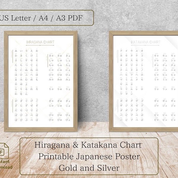 Elegant Hiragana Katakana Poster Silver And Gold Printable Japanese Alphabet Chart For Study Room Decor For Bilingual Kids Room Wall Art