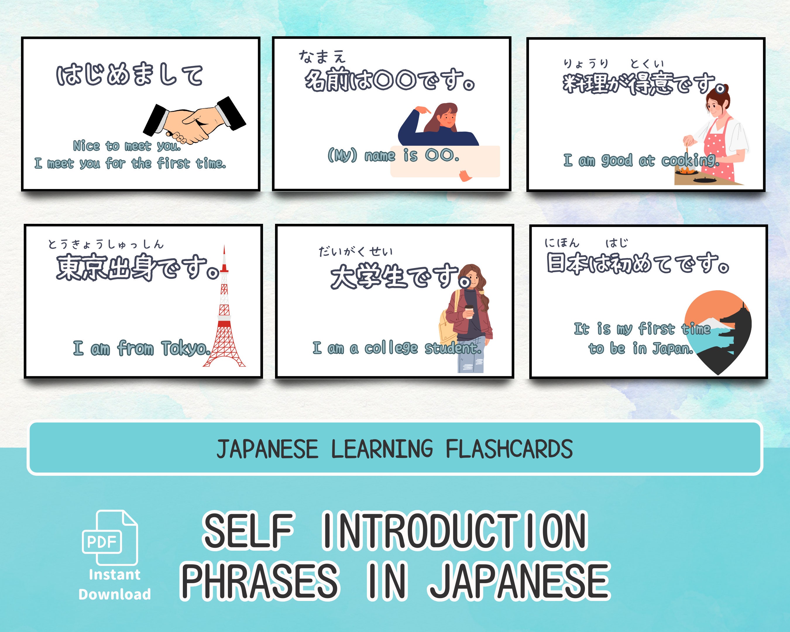 Self Introduction Phrases Flashcards In Japanese Basic Phrase Printable Flashcards For Hiragana Learning Flashcard For Japanese Greeting