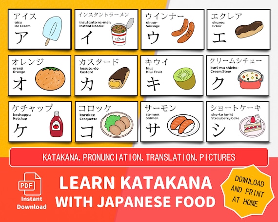 Japanese Food Katakana Flashcards: Bilingual Learning (digital