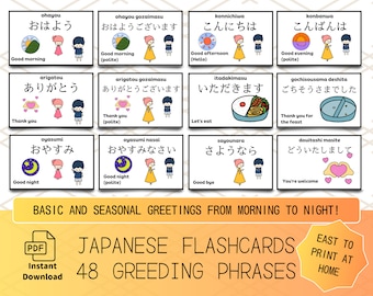 Cartes de voeux japonaises, voeux basiques et saisonniers avec des images, parfaites pour l'étude des hiragana, téléchargement facile et impression pour découper à la maison