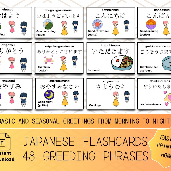 Japanese Greeting Flashcards Basic And Seasonal Greetings With Pictures Perfect For Hiragana Study Easy Download And Print To Cut At Home