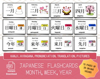 Japanese Flashcards For Month Week Year Basic Vocabulary With Pictures Perfect For Kanji And Hiragana Study Easy Download And Print To Cut