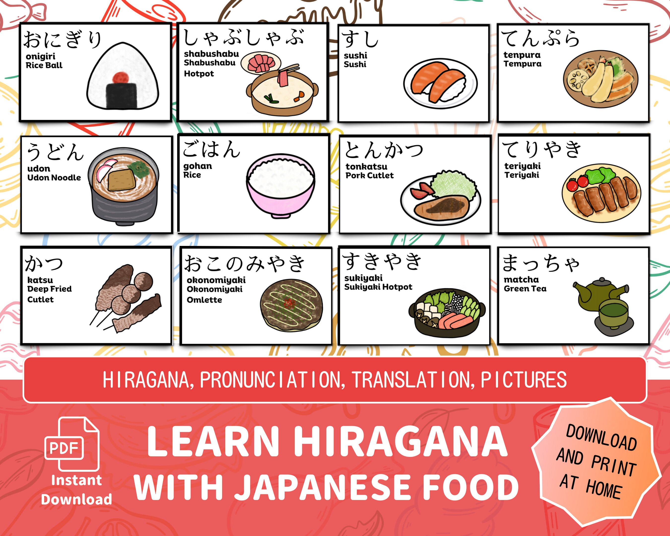 Japanese Food Hiragana Flashcards Bilingual Learning PDF Etsy