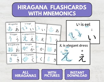 Hiragana Flashcards with Mnemonic Japanese Learning Cards For Hiragana Learners (Digital Download)
