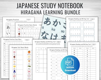 May include: A set of printable worksheets for learning Japanese Hiragana. The worksheets include practice writing the characters, matching the characters to their pronunciations, and identifying similar-looking characters. The worksheets are labeled with the words "Hiragana Practice", "Hiragana Practice Basic Words", "Hiragana Practice Even More", "Hiragana Test Basic Words", "Hiragana Reading and Writing Test", and "Hiragana Reading and Writing Test".