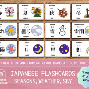 Fiches de vocabulaire japonais de base pour les saisons et la météo Fiches de vocabulaire japonais avec des images en kanji japonais et en hiragana