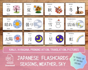 Könnte beinhalten: Japanische Karteikarten mit Illustrationen von Jahreszeiten, Wetter und Himmelselementen. Jede Karte zeigt Kanji, Hiragana, Aussprache und Übersetzung. Die Karten zeigen Bilder von Frühling, Sommer, Herbst, Winter, sonnig, bewölkt, schneereich usw.