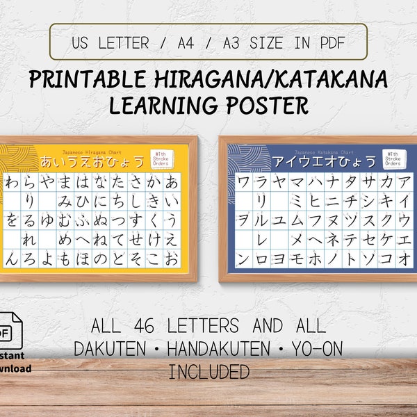 Complete Hiragana Katakana Gojuon Japanese Alphabet Chart With Stroke Orders Easy Download And Print At Home Study Room Decor Poster Bundle