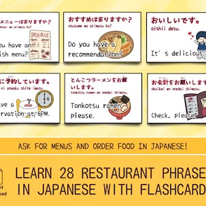 28 Japanse zinnen die je in een restaurant kunt gebruiken Vraag menu's en bestel eten in het Japans Tweetalige flashcards voor eenvoudig afdrukbaar kaartspel