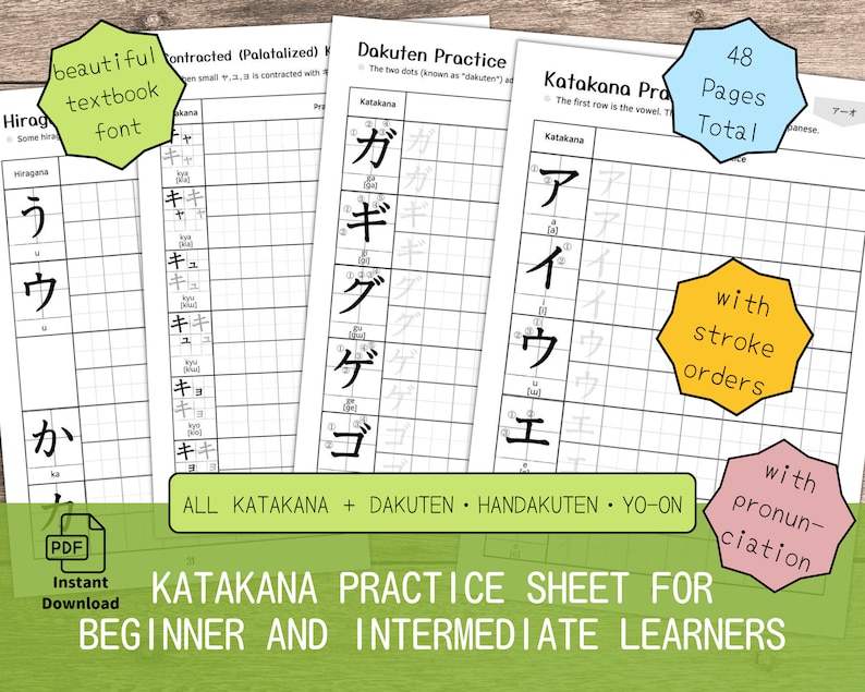 Katakana Practice Worksheet for Japanese Learners and Children With Stroke Orders and ...