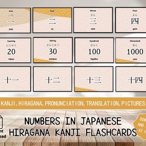 Getallen in het Japans Hiragana en Kanji Flashcards voor Japans leren Mooie educatieve kaarten Gemakkelijk te downloaden en thuis af te drukken