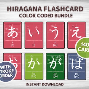 Hiragana Lernkarten mit Strichbestellung Übungskarten für japanisches Hiragana mit Dakuten farblich abgestimmten Hiragana-Karten zum Ausdrucken
