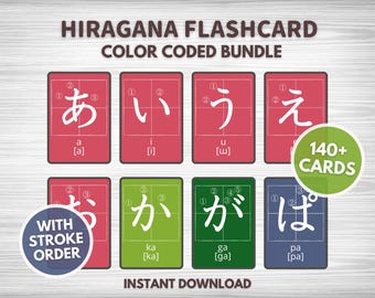 May include: A set of colorful flashcards featuring Japanese Hiragana characters with stroke order numbers. The flashcards are color-coded and include the pronunciation of each character. The text on the image reads "Hiragana Flashcard Color Coded Bundle" and "140+ Cards".