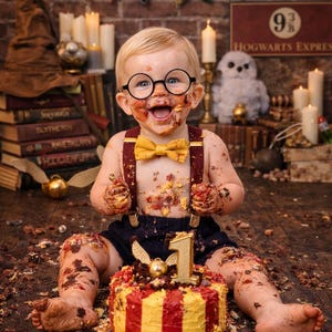 May include: A baby covered in cake, wearing round glasses, a yellow bow tie, and suspenders, celebrating a first birthday. A cake with red and yellow stripes and a golden "1" sits in front of the baby. The background includes Harry Potter-themed decorations.