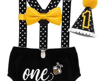 Bee First Birthday Outfit – “One” Diaper Cover with Polka Dot Suspenders, Yellow Bow Tie & Party Hat