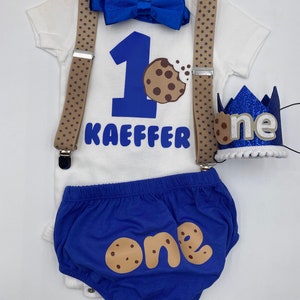 Cookie Smash Cake Outfit Boy – 1st Birthday 5pc Set – Royal Blue Diaper Cover, Personalized Bodysuit, Bowtie, Suspenders, Birthday Crown
