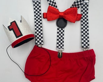 Racing Car Smash Cake Outfit Boy Birthday Outfit 4 Piece Set Diaper Cover, Suspenders Party Hat