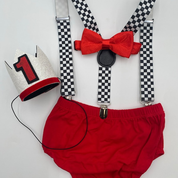 Racing Car Smash Cake Outfit Boy Birthday Outfit 4 Piece Set Diaper Cover, Suspenders Party Hat