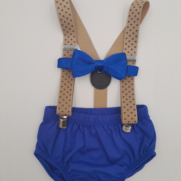 Cookies and milk theme  Smash Cake Outfit, Boy Birthday Outfit, royal blue diaper cover, cookie print suspenders, royal blue baby bowtie.