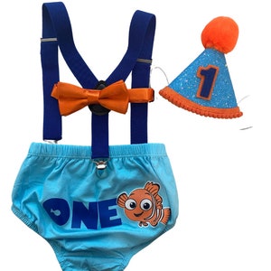 Nemo Cake Smash Birthday Boy first Birthday under the sea birthday outfit, baby boy turquoise diaper cover, finding Nemo birthday party