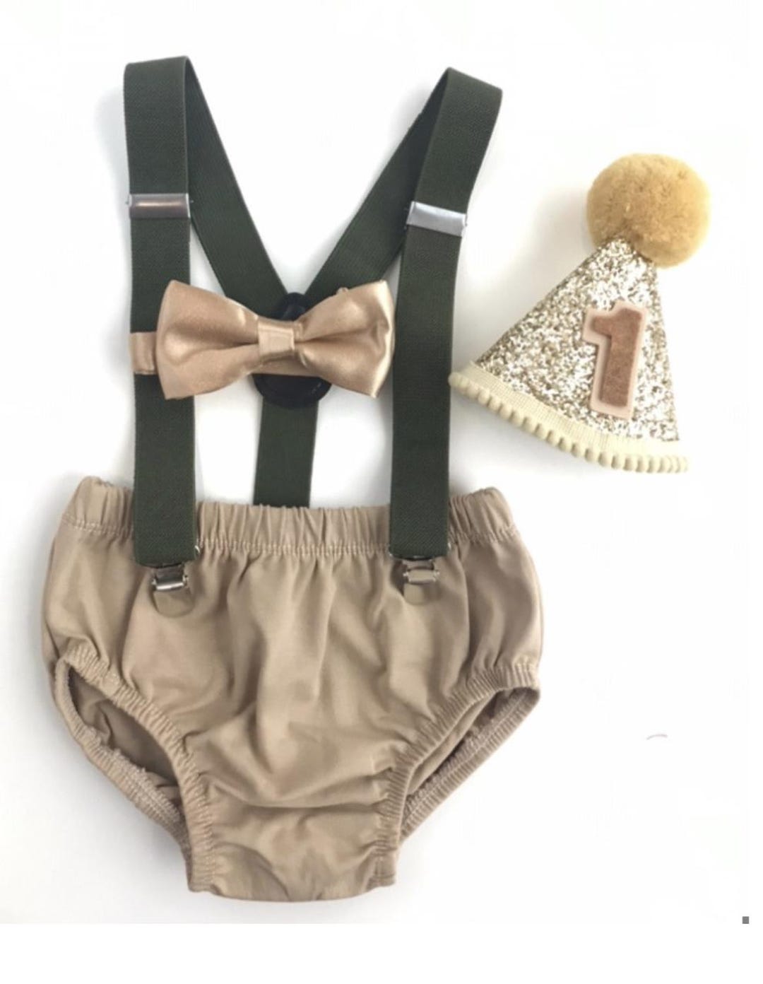 Baby First Tan Baby Boy First Birthday Outfit, Tan Cake Smash Set, Olive Suspenders ...