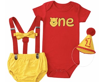Winnie the Pooh Smash Cake Outfit – 1st Birthday Boy 5pc Set – Red Bodysuit, Yellow Diaper Cover, Suspenders, Bowtie, Birthday Hat