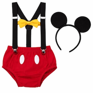 Mickey Mouse First Birthday Outfit Boy, Mickey Cake Smash Outfit, Baby Boy Disney Birthday Set Red Diaper Cover Suspenders Bow Tie Ears