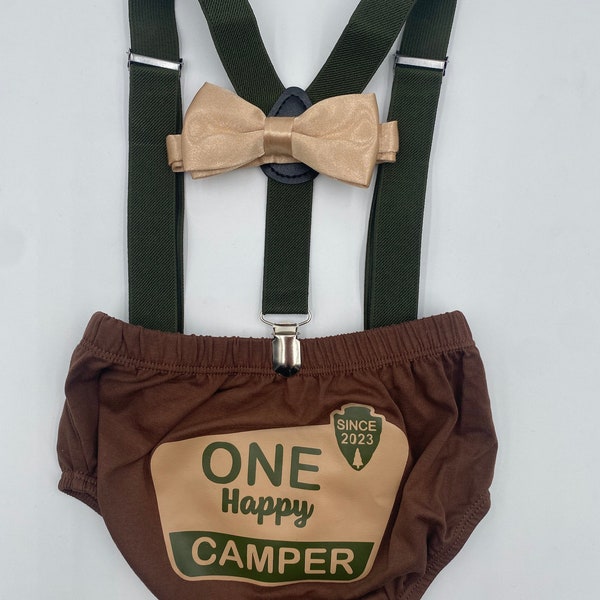 One happy camper  Baby Theme Smash the Cake Outfit Boy Birthday Outfit 3 Piece Set
