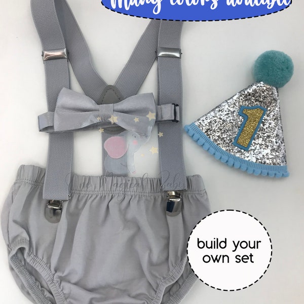 Smash Cake Outfit Boy Birthday Outfit 4 Piece Set Diaper Cover, Suspenders Party Hat