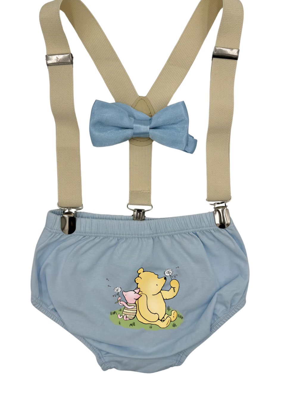 Winnie Smash Cake Outfit, baby boy smash cake Winnie pooh,Boy Birthday ,One Powder Blue  Diaper Cover, tan suspenders, bowtie Party Hat