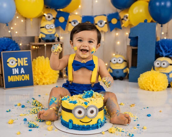 One in a Minion Birthday Outfit Minion Cake Smash Outfit First Birthday Boy Suspender Set Yellow & Blue Birthday Outfit