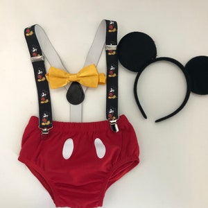 Mickey Smash Cake Outfit Boy Birthday Outfit 4 Piece Set Diaper Cover, Suspenders, bowtie and ears headband