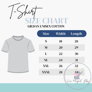May include: A size chart for Gildan unisex cotton t-shirts. The chart shows the size, width in inches, and length in inches for sizes S, M, L, XL, XXL, and XXXL.