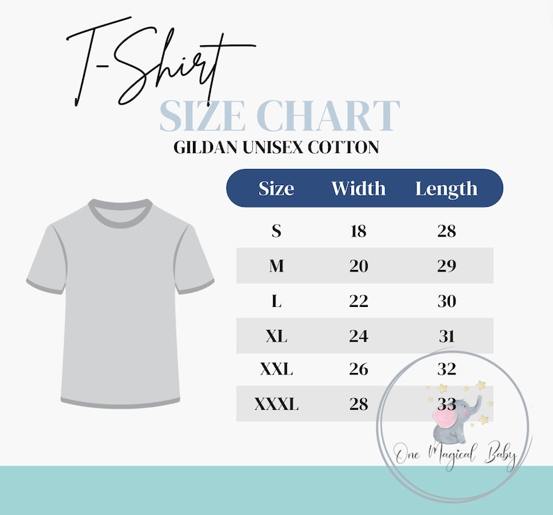 May include: A size chart for Gildan unisex cotton t-shirts. The chart shows the size, width in inches, and length in inches for sizes S, M, L, XL, XXL, and XXXL.