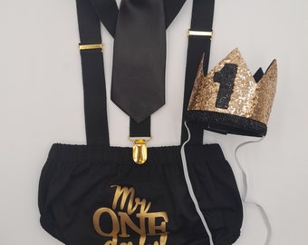 Mr Onederful Theme Smash the Cake Outfit Boy Birthday Outfit 4 Piece Set. All black & Gold